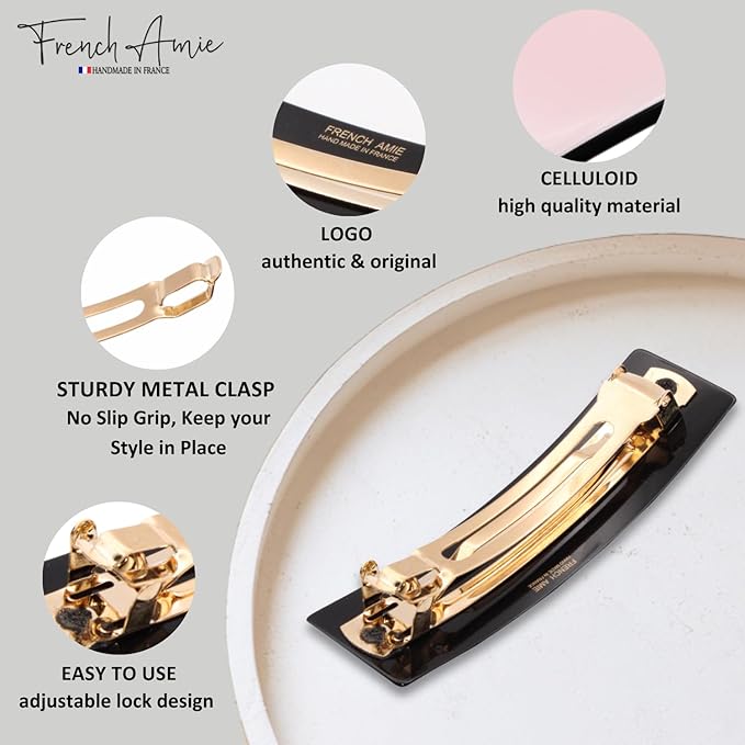 French Amie Fine 1" Wide Rectangular Celluloid Handmade Blush Pink with Black Edges Automatic Hair Barrettes for Women French Hair Clips
