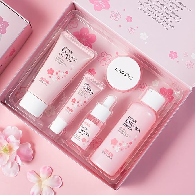Sakura Skincare Gift Set, Skin Care Travel Kit with Cleanser, Toner, Serum, Eye Cream, Face Cream for Women Girls (5pcs)
