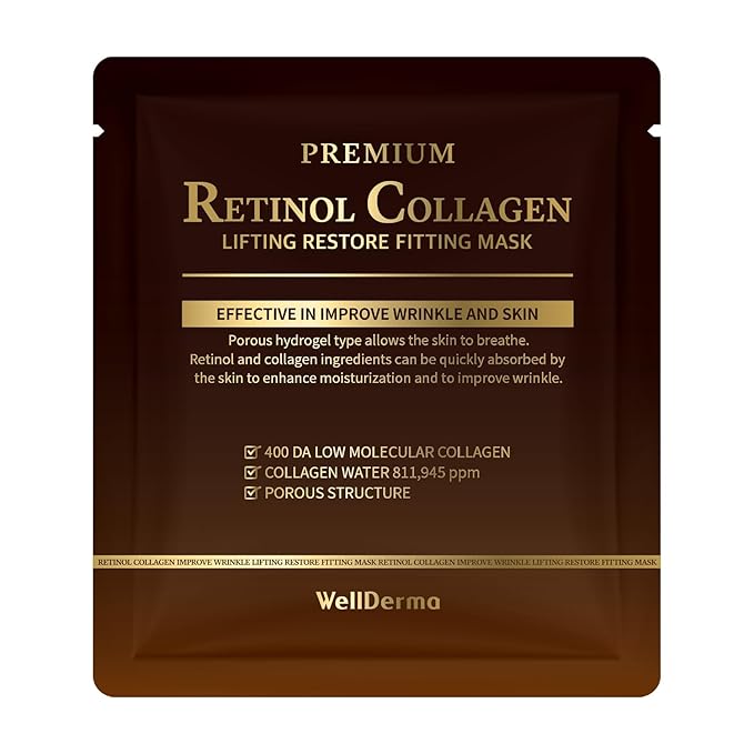 WELLDERMA Premium Retinol Collagen Restore Fitting Mask 4EA - Korean Collagen Face Mask for all around care, Wrinkles, Elasticity, Brightening, Deep Hydration, Face mask Skin Care