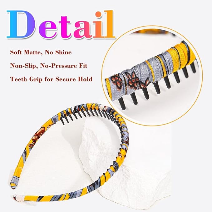 Non-Slip Headbands with Teeth, Polyester Floral and Leopard Hair Bands for Women, 4-Pack