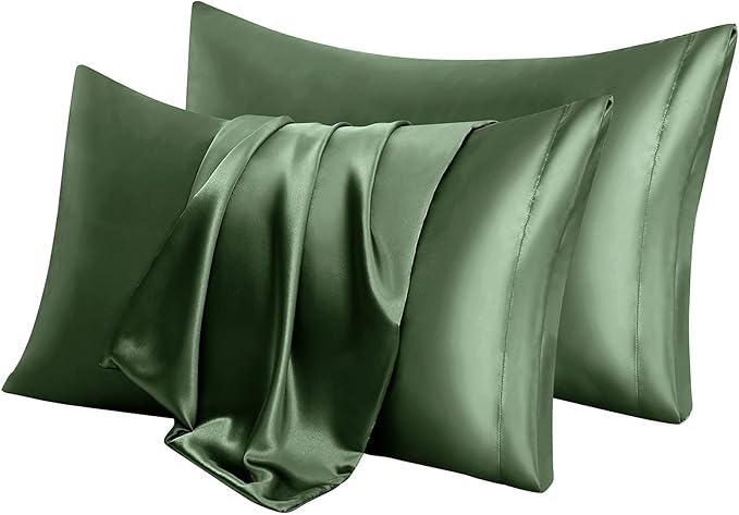 Aormenzy Satin Pillow Cases for Women Queen Size Set of 2, Woodland Green Satin Pillowcase for Hair with Envelope Closure Silky Pillow Covers Wrinkle, Fade Resistant (20x30 Inches)