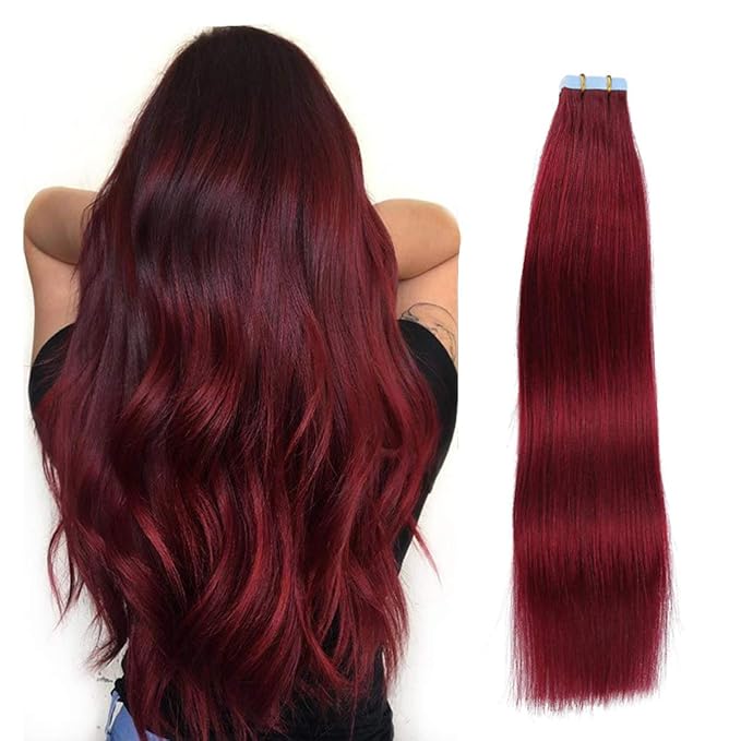 SUYYA Tape in Hair Extensions Human Hair Wine Red Color 100% Remy Human Hair 50g/pack 20pcs Straight Seamless Skin Weft Tape Hair Extensions 99j (22 inches #Burgundy)