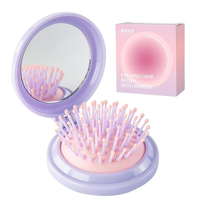 RHOS Hair Brush with Mirror for Women, Girls - Compact Folding Brush with Soft Nylon Bristles and Mirror - Portable Hair Brush for Travel (Purple)