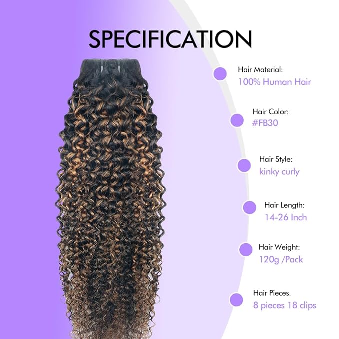 FB30 Highlight Ombre Curly Clip In Extension Human Hair 3C 4A Kinky Curly Clip Ins Full Head for Black Women Brazilian Remy Human Hair Balayage Brown 8Pcs with18clips 120g/Set (26 inch)