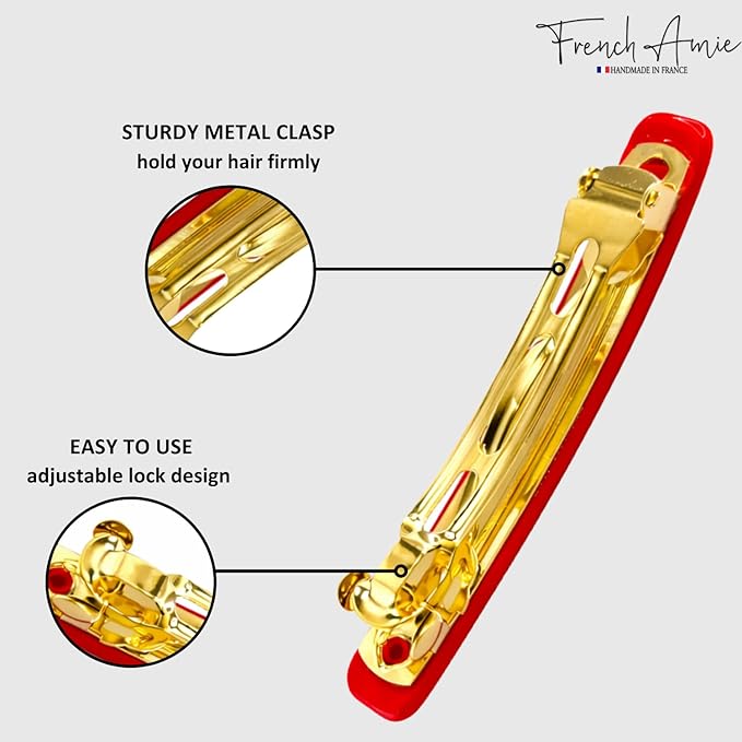 French Amie Rectangular Handmade Small Hair Barrette 2 1/4 Inch with Metal Clasp, Cellulose Acetate Hair Clip Grip for Women & Girls, Strong Hold for Fine Hair, Bangs, and Half-Up Styling (Red)