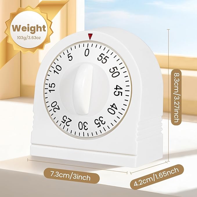 Kitchen Timers for Cooking, 60 Minute Wind Up - Chef Cooking Timer with Loud Alarm,100% Mechanical Desk Timer -No Batteries Required - Manual Countdown timers for Home, Study and Cooking (White)