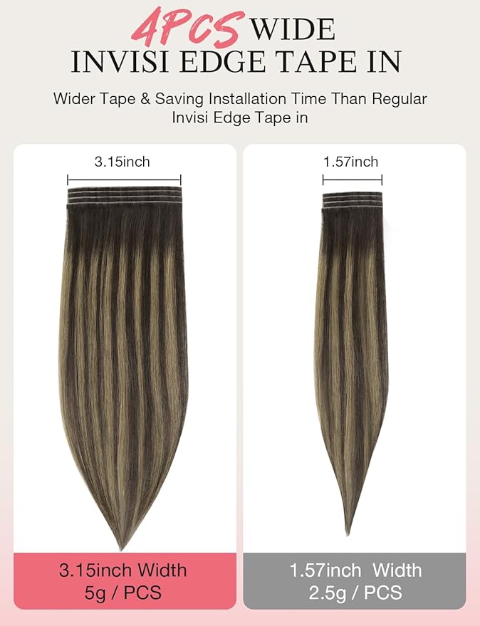 DOORES Invisi Edge Tape in Wide Hair Extensions Human Hair, Chocolate Brown to Honey Blonde 4PCS Injection Tape ins 20g 18 Inch, Virgin Human 3 Inch Wide Injected Extensions Invisible