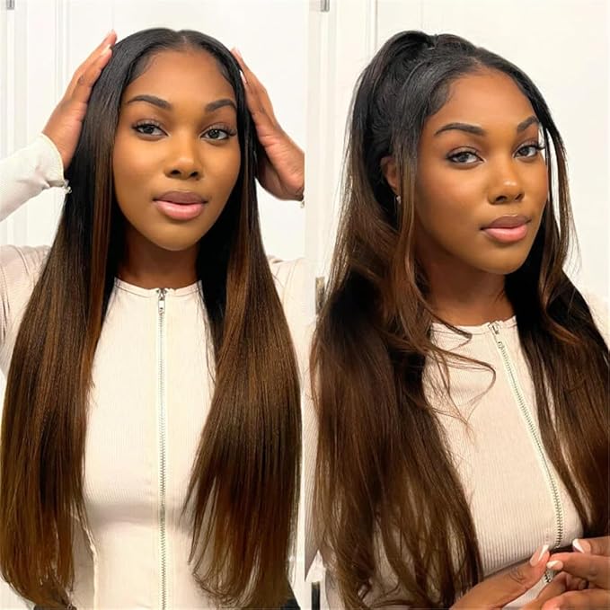 YIROO V Part Wig Human Hair No Leave Out Ombre Chestnut Brown Yaki Straight Glueless Human Hair Wig Upgrade U Part Wigs for Women V Shape Clip in Half Wig No Glue No Sew in Beginner Wig 16inch