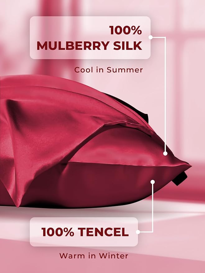 Mulberry Silk Pillowcase for Hair and Skin, SGMSILK 22 Momme Natural Silk Pillow Cases with Zipper, 6A Soft and Smooth Single Sided Pure Silk Pillow Cover (Red, King 20"x36")