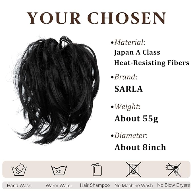 SARLA Messy Hair Bun Hair Pieces Curly Synthetic Updo Fake Scrunchies Ponytail Extension for Women Jet Black 1PCS