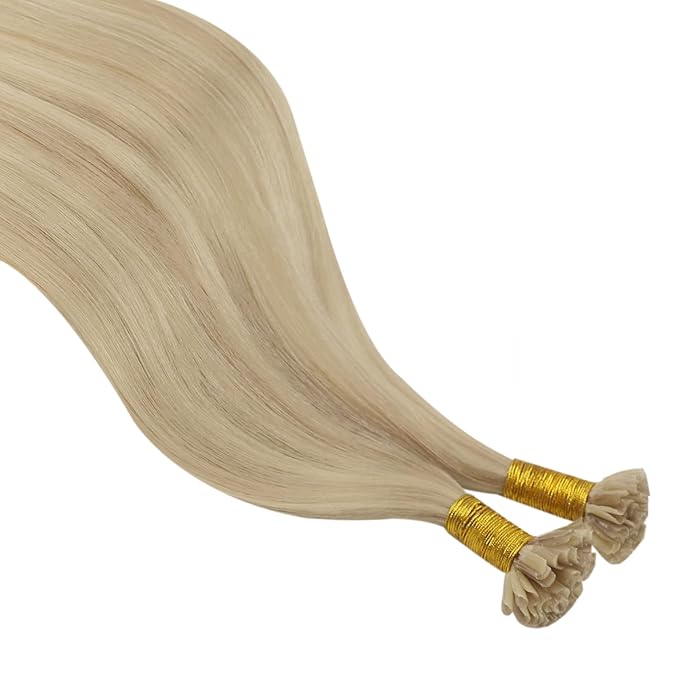 YoungSee U Tip Hair Extensions Highlight Ash Blonde with Bleach Blond U Tip Hair Extensions Human Hair Highlight Utip Hair Extension Blonde Hot Fusion Hair Highlight 16In 1G/S 50G for Wedding