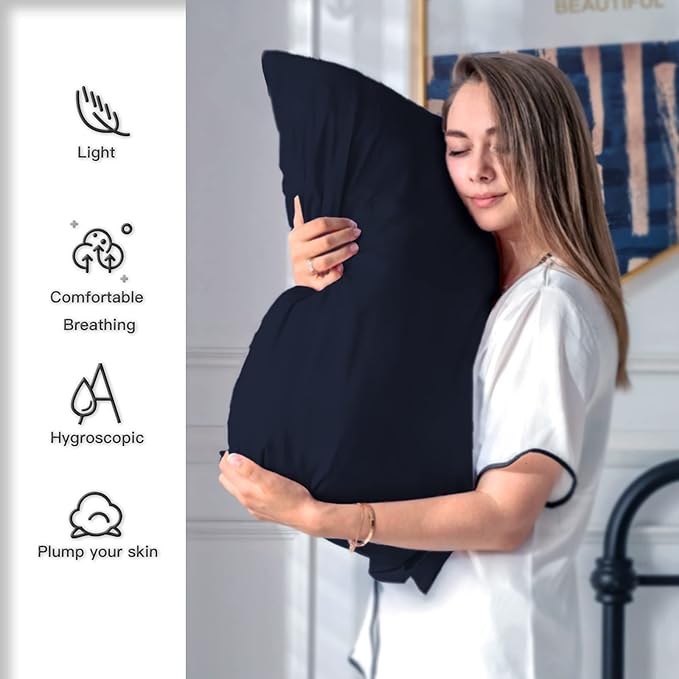 Mulberry Silk Pillowcase for Hair and Skin Pillow Case with Hidden Zipper Soft Breathable Smooth Cooling Silk Pillow Covers for Sleeping (Navy Blue, King（20"X 36"）)