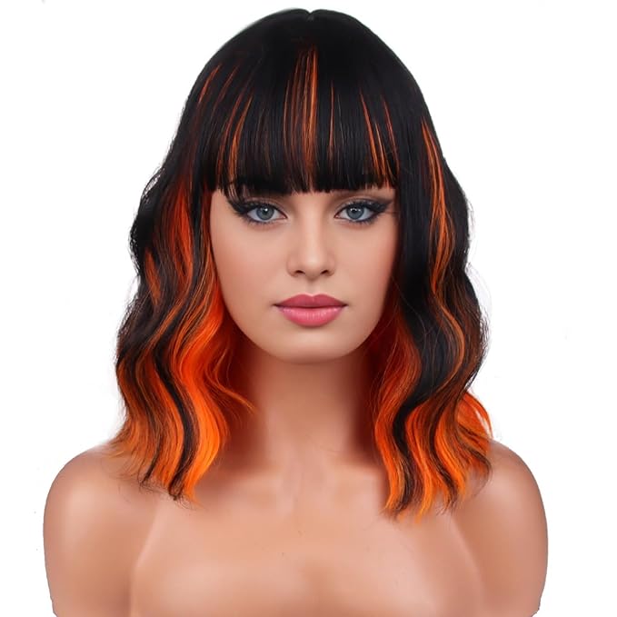BERON 14 Inches Black Orange Wig Short Orange Bob Wigs with Bangs Halloween Wigs for Women Loose Wavy Wig for Cosplay Party