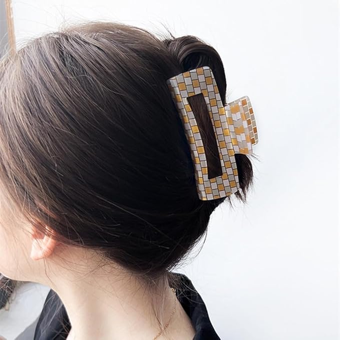 Checkered Hair Claw Clips for Women Ladies, 4inch Fashion Large Hair Clips for Styling Claw Clamps Thick Hair Retro Rectangle Shape Hair Jaw Clips (3 Pack)
