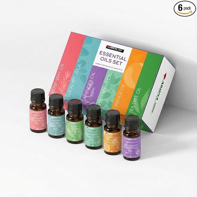 Essential Oils Set – 100% Pure Natural Oils, 6-Pack (10 ml) – Lavender, Peppermint, Tea Tree, Rosemary, Eucalyptus, Orange – Ideal for Diffusers, Humidifiers, Massage, Soap & Candle Making