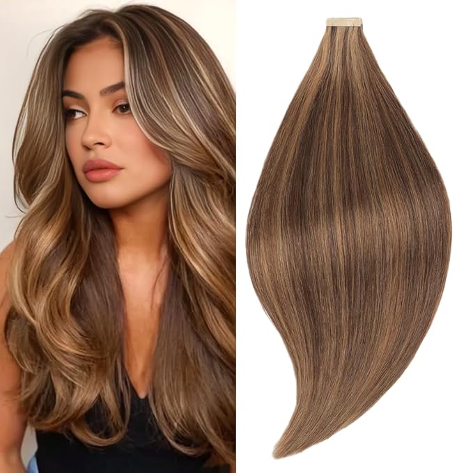 Human Hair Tape in Extensions Brownish Brown to Brownish Yellow 20 Inch Invisible Tape in Hair Extensions Human Hair for Women Hair Extensions Real Human Hair Tape in
