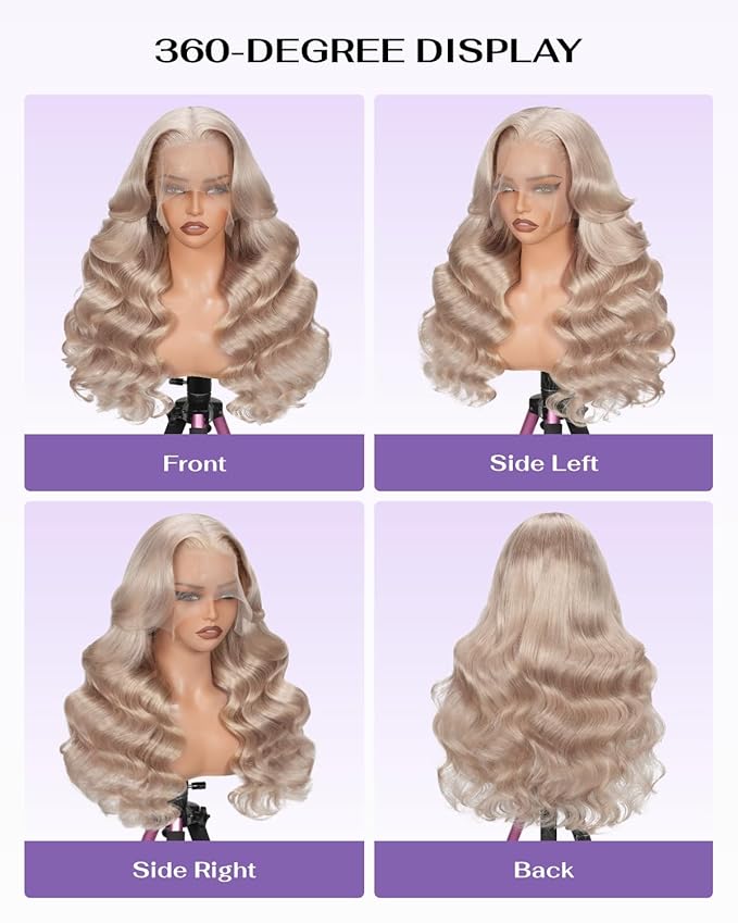 Hidden Strap Milk Tea Ash Blonde Wig Human Hair Body Wave 360 Lace Front Wig Human Hair Ombre Glueless Wigs Pre Bleached Bleached Knots 180% Density Drawstring HD Full Lace Wigs 26Inch