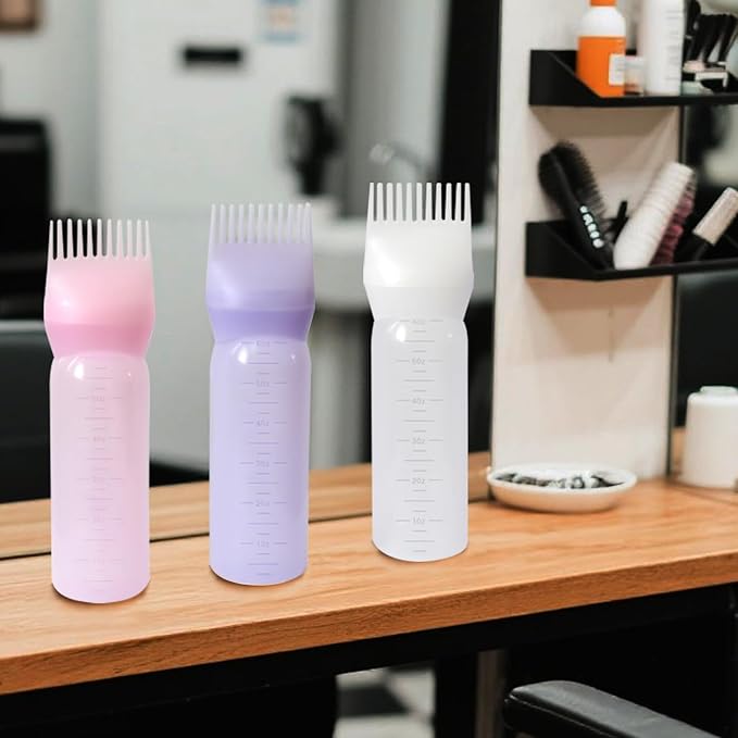 YANTAISIYU Root Comb Applicator Bottle 6 Ounce Hair Oiling Applicator 3 Pieces Hair Dye Bottle Hair Root Comb with Graduated Scale (Pink White Purple)