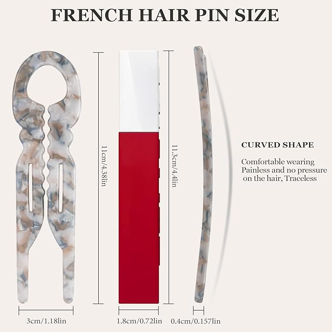 Sunolga 3pcs Prestige French Hair Pins for Women, 4.38" Large, Serrated Anti-Slip Design, Curved Shape for Better Head Fit, Coquette Elegant Hair Accessories for Updos, Chignon, Bun Hairstyles