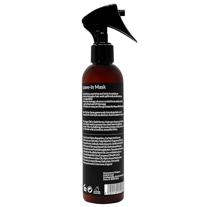 Gold Series Leave-In Hair Mask – Argan Oil Hair Mask Enriched with Keratin – Nourishing and Gently Detangling Leave In Conditioner Spray For Curly Frizzy or Damaged Hair, 8.4 Fl.oz