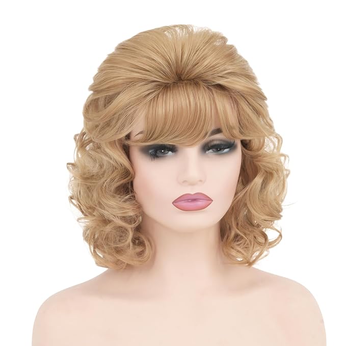 Short Blonde Wig with Hair Bangs Women's Curly Wavy Heat Resistant Synthetic Blonde Hair Wigs for Women