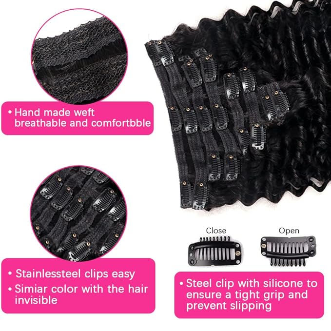 Deep Wave Clip in Hair Extensions Real Human Hair Brazilian Virgin Human Hair Clip in Extensions for Women 8Pcs Remy Hair with 18Clips 120g 20inch Natural Black