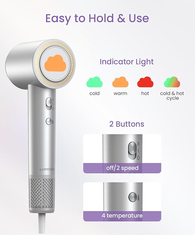 Hair Dryer, Ionic High Speed Blow Dryer with Diffuser Nozzle for Fast Drying, 2 Speeds & 4 Temps, Professional Compact Lightweight Hairdryer for Women Men Travel