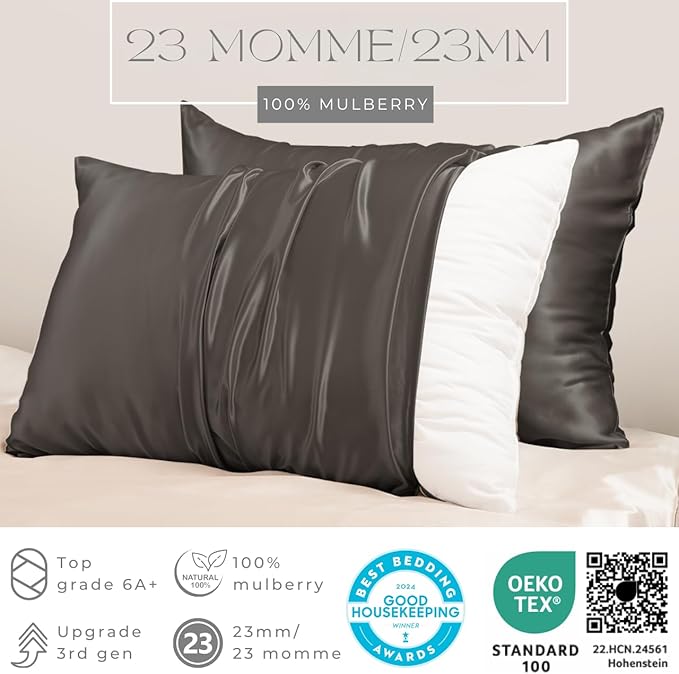 PROMEED 100% Silk Pillowcase 2 Pack with Zipper, Both Sides Premium Mulberry Silk Pillow Cases Set of 2 for Hair and Skin, Anti BedHead, Anti Frizz (Standard 20"x26", Grey)