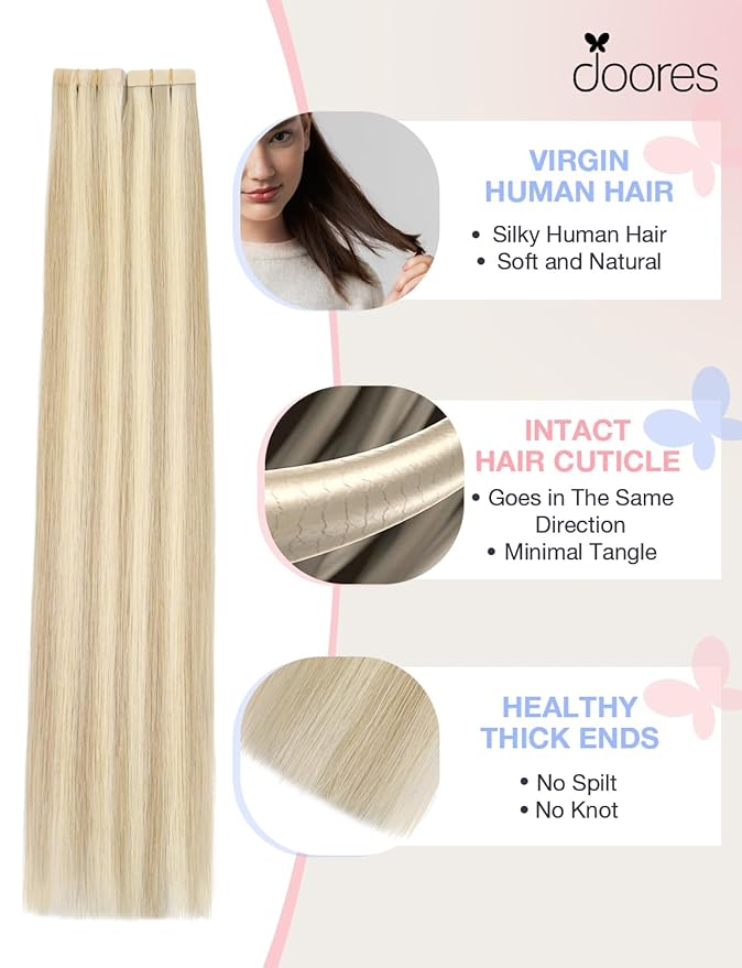 DOORES Invisi Edge Tape in Hair Extensions Human Hair, Dark Blonde Highlighted Bleach Blonde 10 Injection Tape-ins with 10 Classic Tape-ins 50g 18 Inch, Injected Tape in Extensions