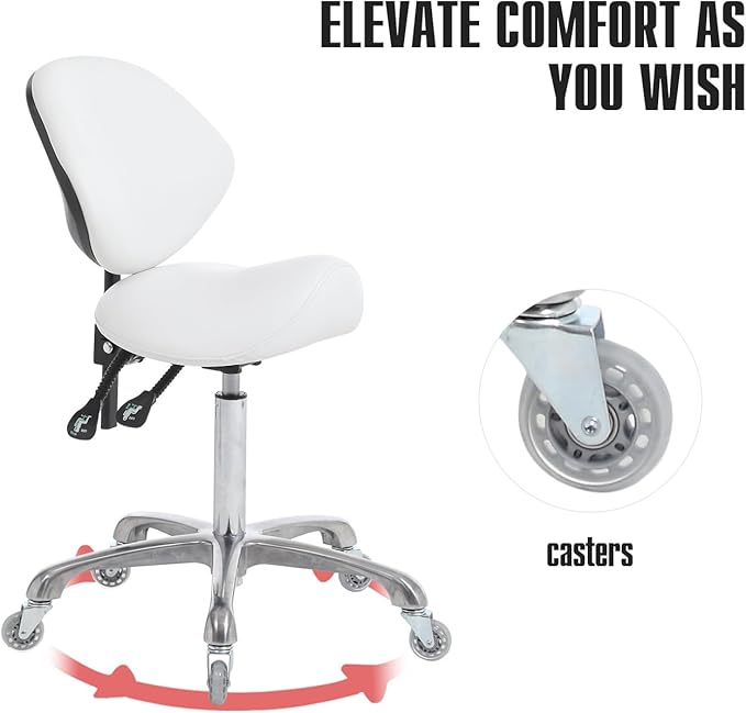 Hydraulic Saddle Rolling Adjustable, Heavy-Duty (350 lbs) Stool Chair for Beauty Salon Massage Dental Clinic Home Office Use(White, Updated to Soft Wheels)