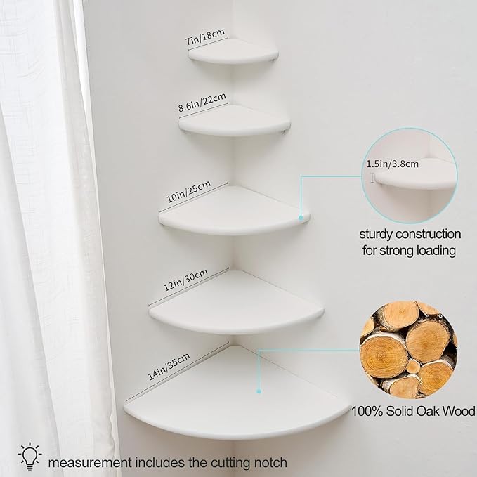 Corner Shelf, Solid Oak Wood Floating Corner Shelf Wall Mount Round End Floating Speaker Shelves with Wire Hole for Small Plant Photo Frame for Bedroom Kitchen, Living Room (White, 7.1in)