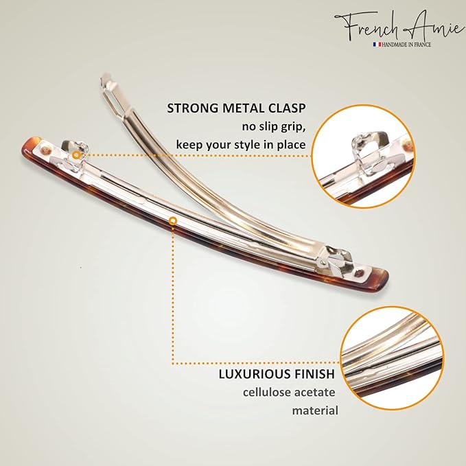 French Amie Long and Thin Caramel Large 4” Handmade Celluloid Automatic Sleek Hair Clip Barrette for Women and Girls (Caramel)