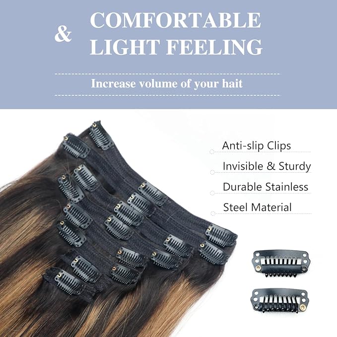 Balayage Clip in Hair Extensions Real Human Hair Straight Remy Human Hair Clip ins for Women, Natural Soft Human Hair, 8Pcs 120g, 26inch #1B/6/1B Balayage Natural Black to Chestnut Brown