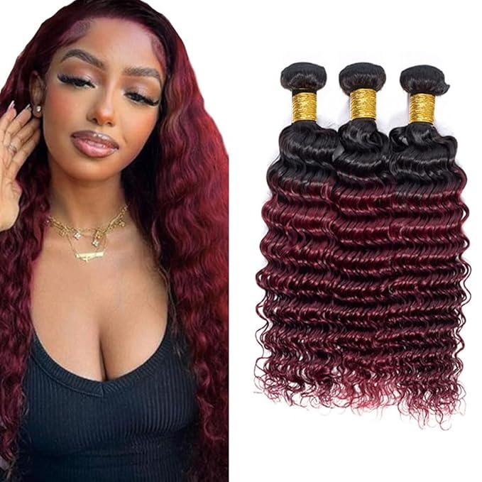 Burgundy Bundles Human Hair 99j Deep Wave Bundle 18 20 22 Inch Brazilian Virgin Remy Hair Extensions Niegmeag 2 Tone Black and Red Deep Wave Bundles Double Weft Hair Weave 300g