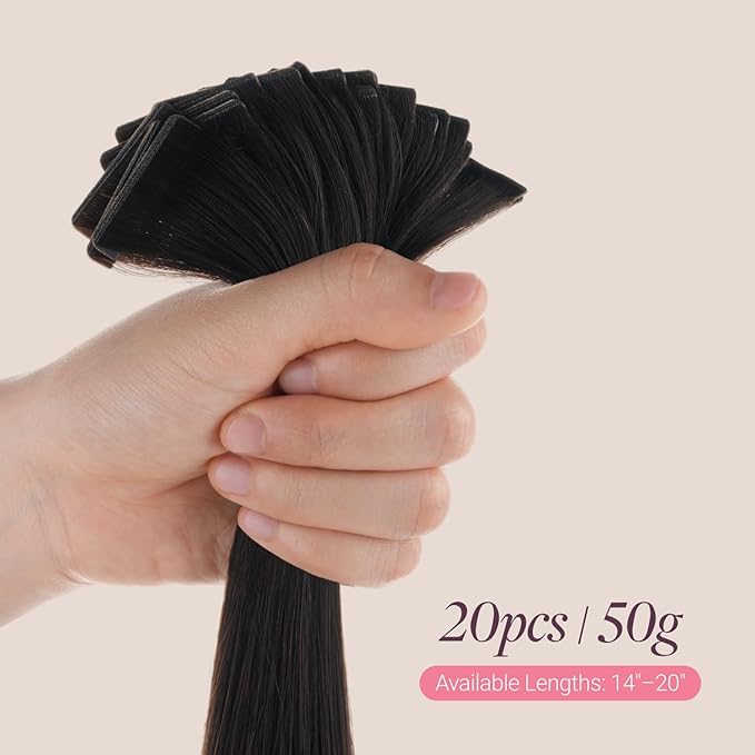 GOO GOO Genius Tape in Hair Extensions, Hand Tied Tape Weft, 1B Natural black, 16inch 50g 20pcs, Remy Human Hair, Seamless Invisible Tape, Natural Blend, Lightweight