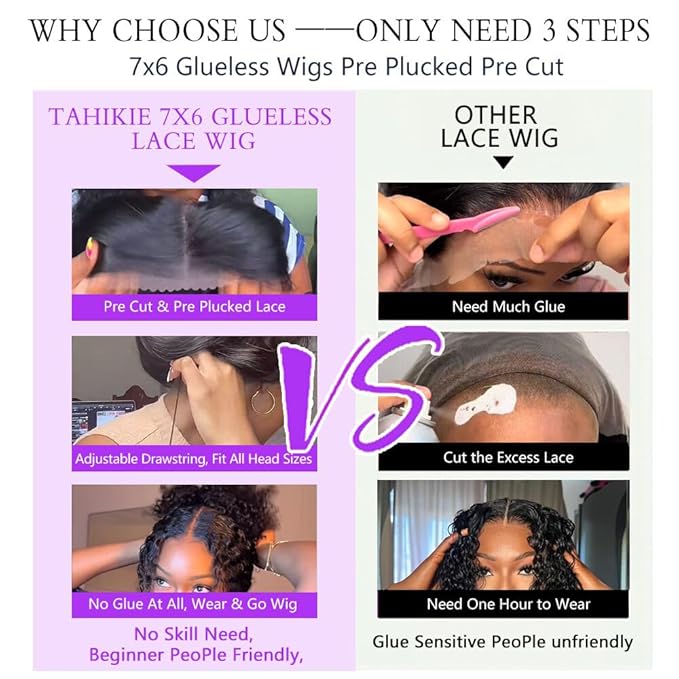 7x6 Burmese Curly Glueless Wigs Human Hair Pre Plucked Pre Cut 250% Density Drawstring Wig Human Hair 7x6 HD Lace Front Wigs Human Hair for Black Women Wear and Go Glueless Wig Natural Color 26inch