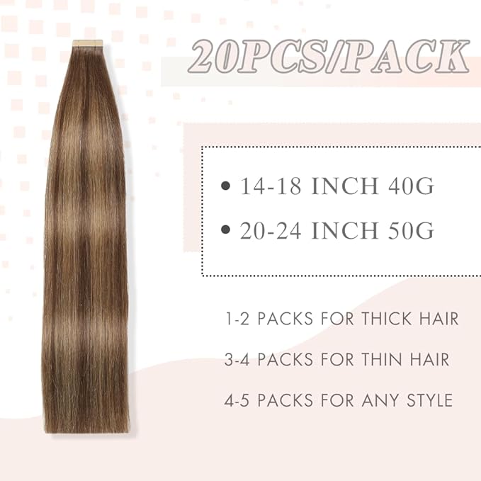 Human Hair Tape in Extensions, Chocolate Brown Mixed Honey Blonde Extensions Real Human Hair 20 Inch 20pcs Remy Straight Tape ins Invisible Tape in Hair Extensions Human Hair (4/4/27#,20 Inch)