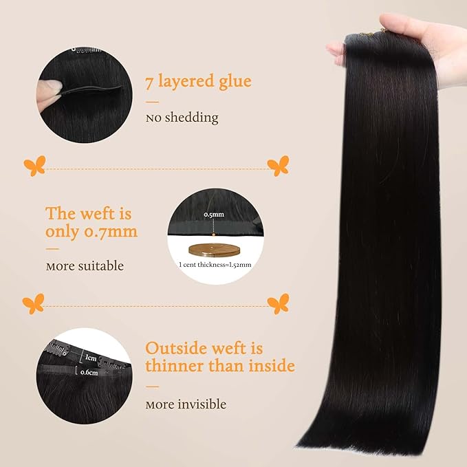 DOORES Clip in Hair Extensions Human Hair, Natural Black 150g 7pcs 22 Inch,Human Hair Extensions Invisible Edge Clip-in Natural Weft for Women