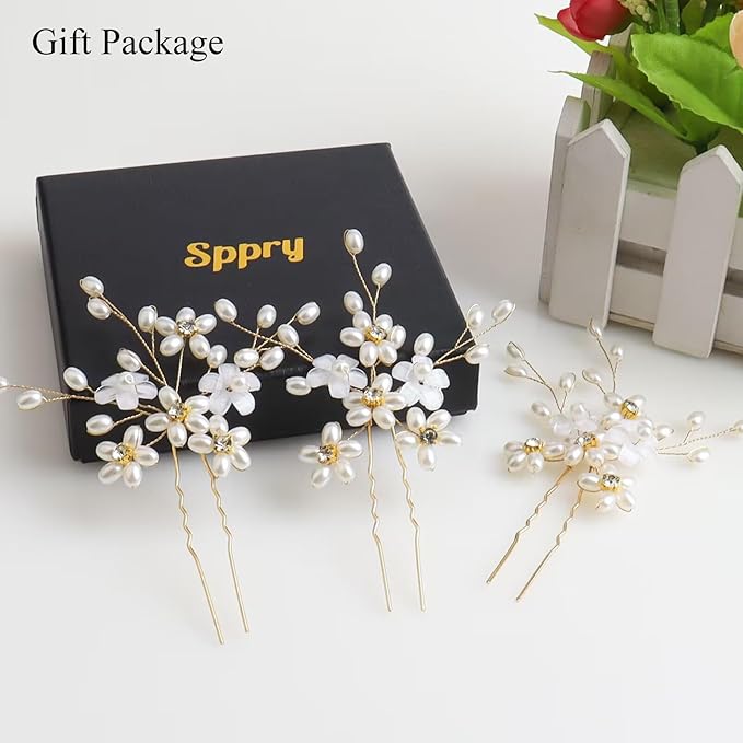 Elegant Pearl Wedding Hair Pins, Bendable Floral Crystal Hair Accessories for Bridal Women, Pack of 3 (Gold)