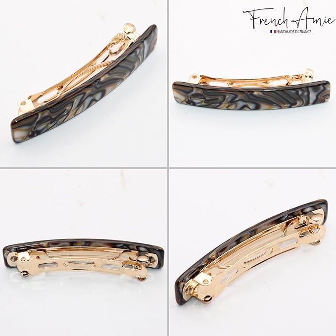 French Amie Small 2 1/4 inch Celluloid Handmade Hair Barrette No Slip Grip Durable Styling Women Hair Accessories Hair Clip for Girls, Made in France(Onyx Silver Grey)