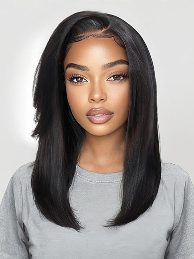 Yiroo Light Yaki Straight Wig Human Hair with Side Swept Bangs,7x5 Lace Front Bye Bye Knots Glueless Wig Human Hair Pre Plucked Pre Cut,Elastic Drawstring Wear and Go Wig for Women 150% Density 18Inch