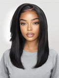 Yiroo Light Yaki Straight Wig Human Hair with Side Swept Bangs,7x5 Lace Front Bye Bye Knots Glueless Wig Human Hair Pre Plucked Pre Cut,Elastic Drawstring Wear and Go Wig for Women 150% Density 14Inch