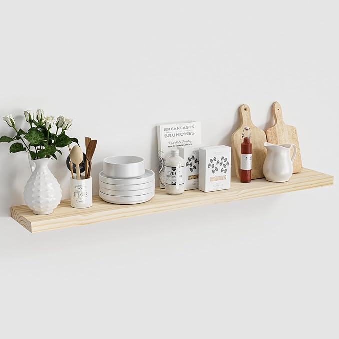 Light Wood Floating Shelves 48 Inch, 8 in Deep Single Book Shelf Floating for Wall Mounted, Heavy Duty Shelf Hold 100 lbs, Unfinished Wall Shelves for Bathroom, Living Room, Kitchen, Bedroom, Office