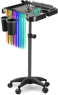 Professional Salon Rolling Tray Cart, Height Adjustable Storage Platform with Hair Tool Holders, Mobile Hairdressing Trolley with Wheels, Black