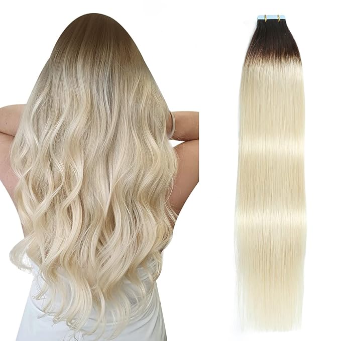 SUYYA Tape in Hair Extensions Human Hair Ombre Darkest Brown to Platinum Blonde 20 Inch 50g/pack 20pcs Straight Seamless Skin Weft Tape in Real Human Hair Extensions(20inch #T2/60)