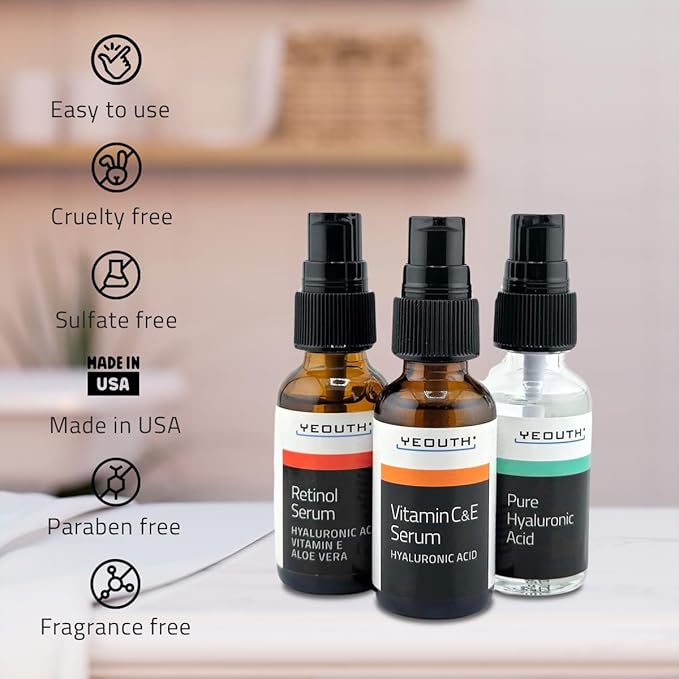 YEOUTH Skin Care Set: Retinol Serum for Face, Vitamin C and Hyaluronic Acid Serum, Face Care Kit that Targets Appearance of Uneven Uneven Skin and Dryness 3x1 oz