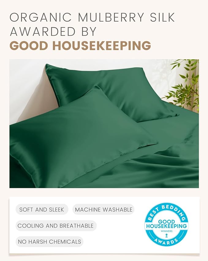 THXSILK 100% Mulberry Silk Pillowcase for Hair and Skin Heath, Best Gift Choice, Grade 6A+ Silk Both Sides, Hypoallergenic Pillow Cover with Zipper, 1pc (King 20"x36", Emerald Green)