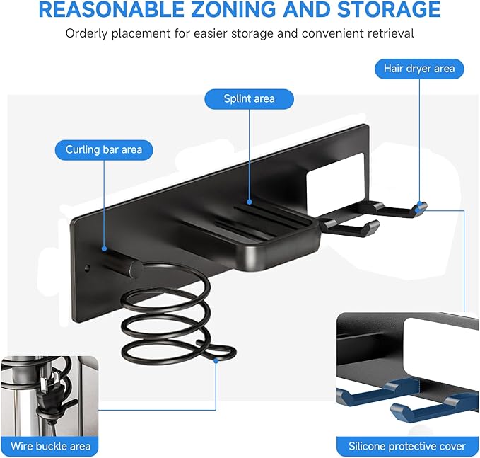 Hair Dryer Holder Wall Mounted,Blow Dryer, Curling Iron, Straightener Holder 3 in 1 Bathroom Metal Hair Tool Organizer Rack-BLACK-2