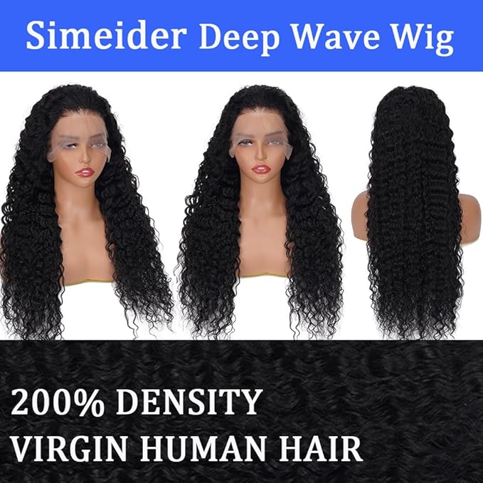 Deep Wave Lace Front Wigs - Human Hair, 200 Density, 13x6 Deep Curly, Glueless Frontal Wigs, Pre Plucked With Baby Hair, HD Lace Front, 20 Inch