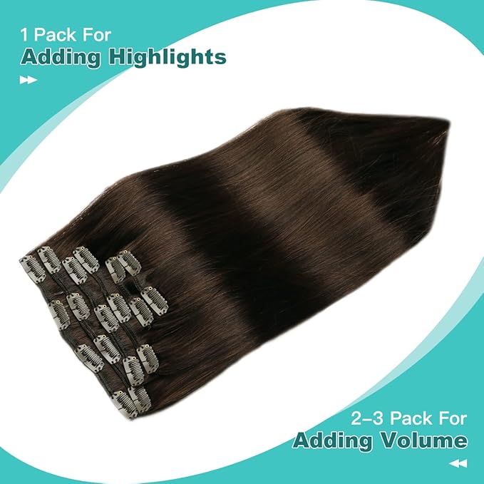 SURNEL Clip in Hair Extensions Real Human Hair 6pcs 18inch 120g Dark Brown Clip in Hair Extensions (#2,18'')